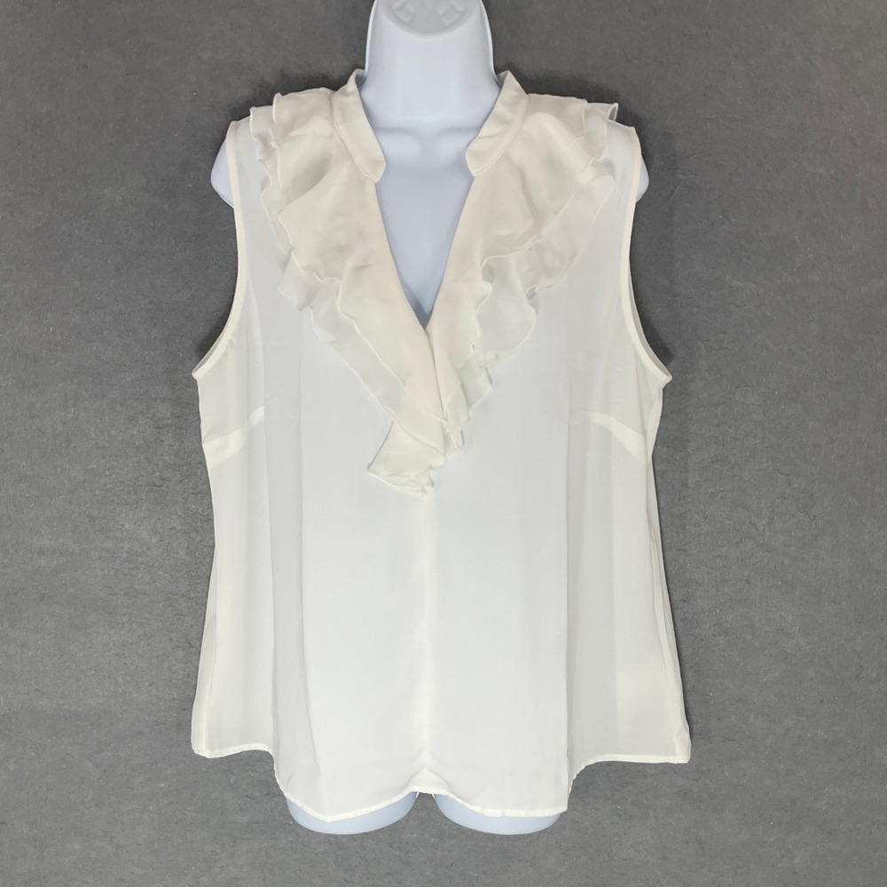 Cabi Top Womens Sz L White Sleeveless Ruffle V-Neck Blouse Feminine Romantic‎